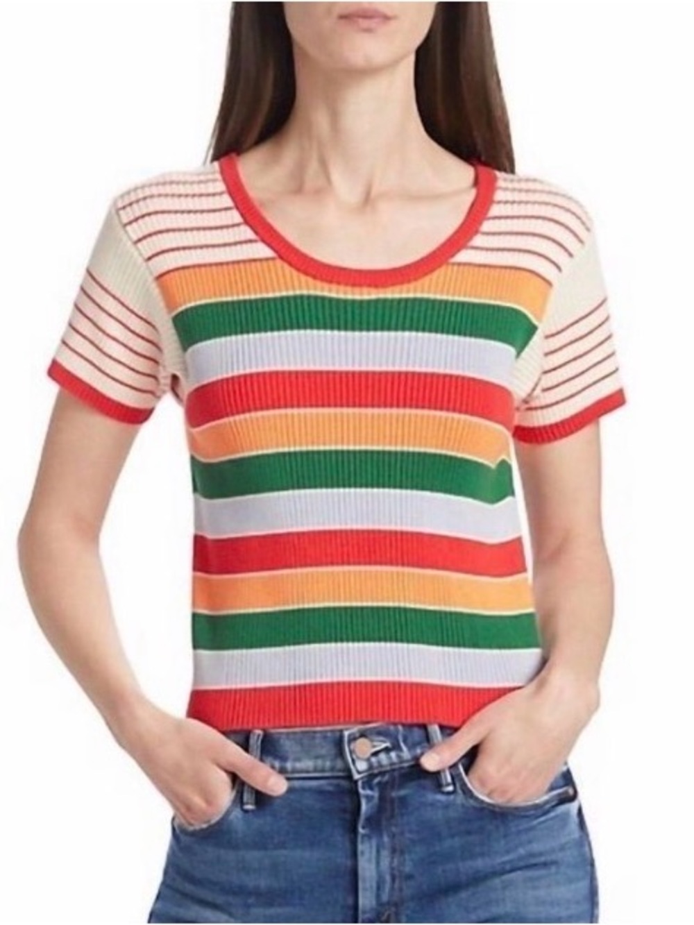 MOTHER Multicolor Striped Short-Sleeve Knit Top — Red, Green, Orange, White